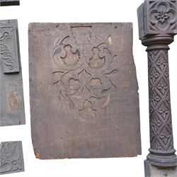Architectural Salvage - Quantity of oak architectural feaatures including set of six carved communion rail supports, pierced and carved decorative panels, lead mounted pelmet etc
Note: Removed in the 19th century from the church in the grounds of a private Yorkshire estate 
Provenance: property of a Nobleman