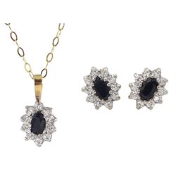 Pair of gold blue and white cubic zirconia cluster stud earrings and a matching gold necklace, all 9ct stamped or tested 