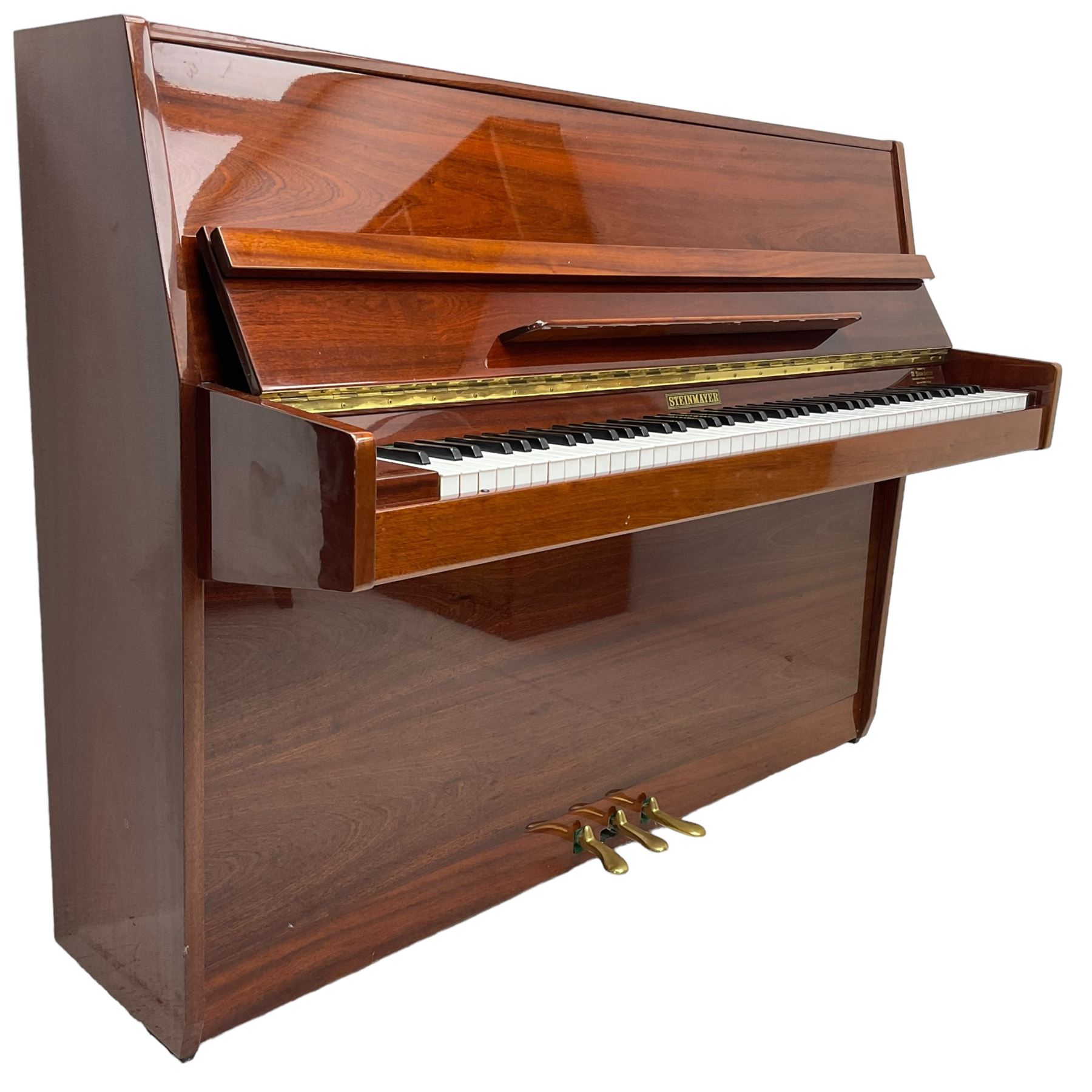 Steinmayer upright series 108 piano in sapele mahogany case, with an overstrung Iron frame and underdamper action, sustain, sostenuto and practise pedal, full compass seven octave 88 note keyboard serial Number 97050003 