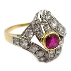  Gold ruby and diamond swirl ring, stamped 18k  