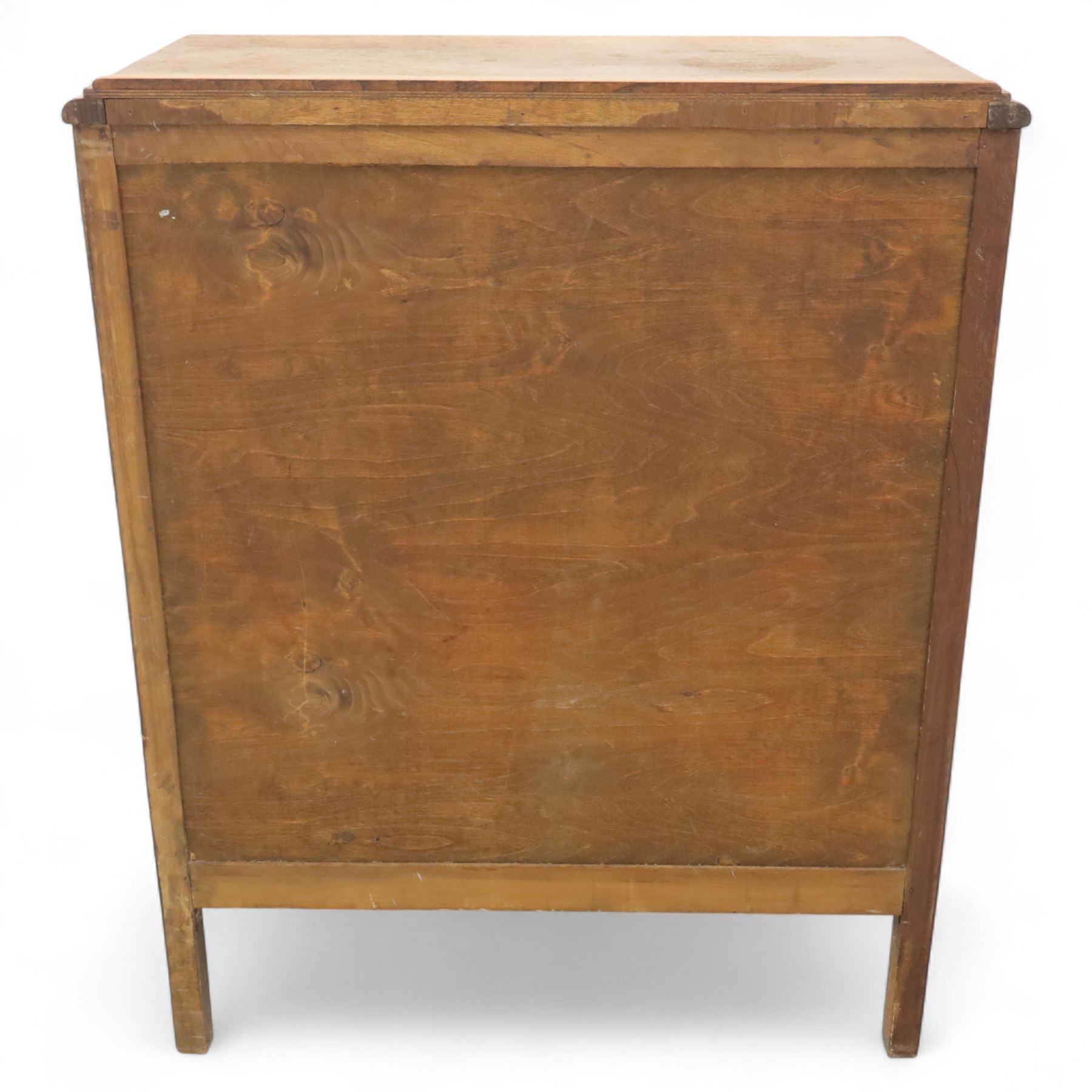 Mid-20th century elm chest, fitted with four long drawers with brass knop handles, the rectangular top with moulded edge, raised on bracket feet
