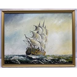 Michael J Whitehand (British 1941-): Sailing Ship in a Choppy Sea, oil on board signed 43cm x 58cm
