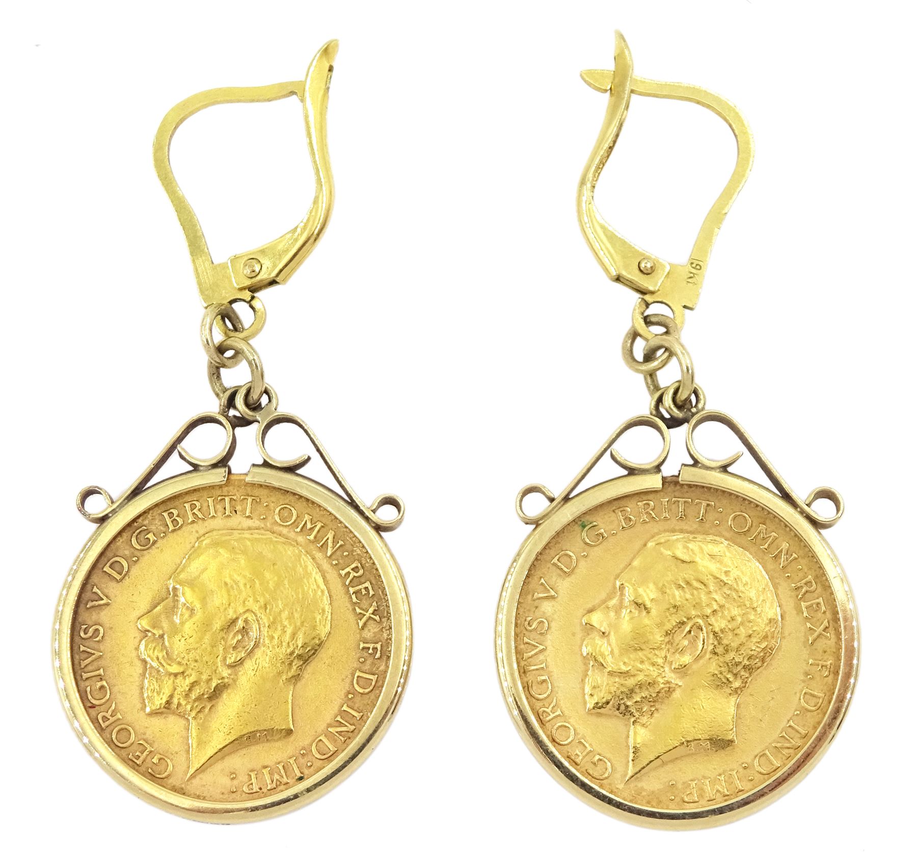 Pair of George V 1912 gold half sovereign coins, loose mounted in 9ct gold pendant earrings