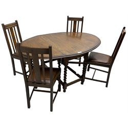 20th century oak barley twist dining table, moulded drop-leaf top, gate-leg action base on spiral turned supports (106cm x 54cm - 154cm, H71cm); together with a set of four dining chairs 