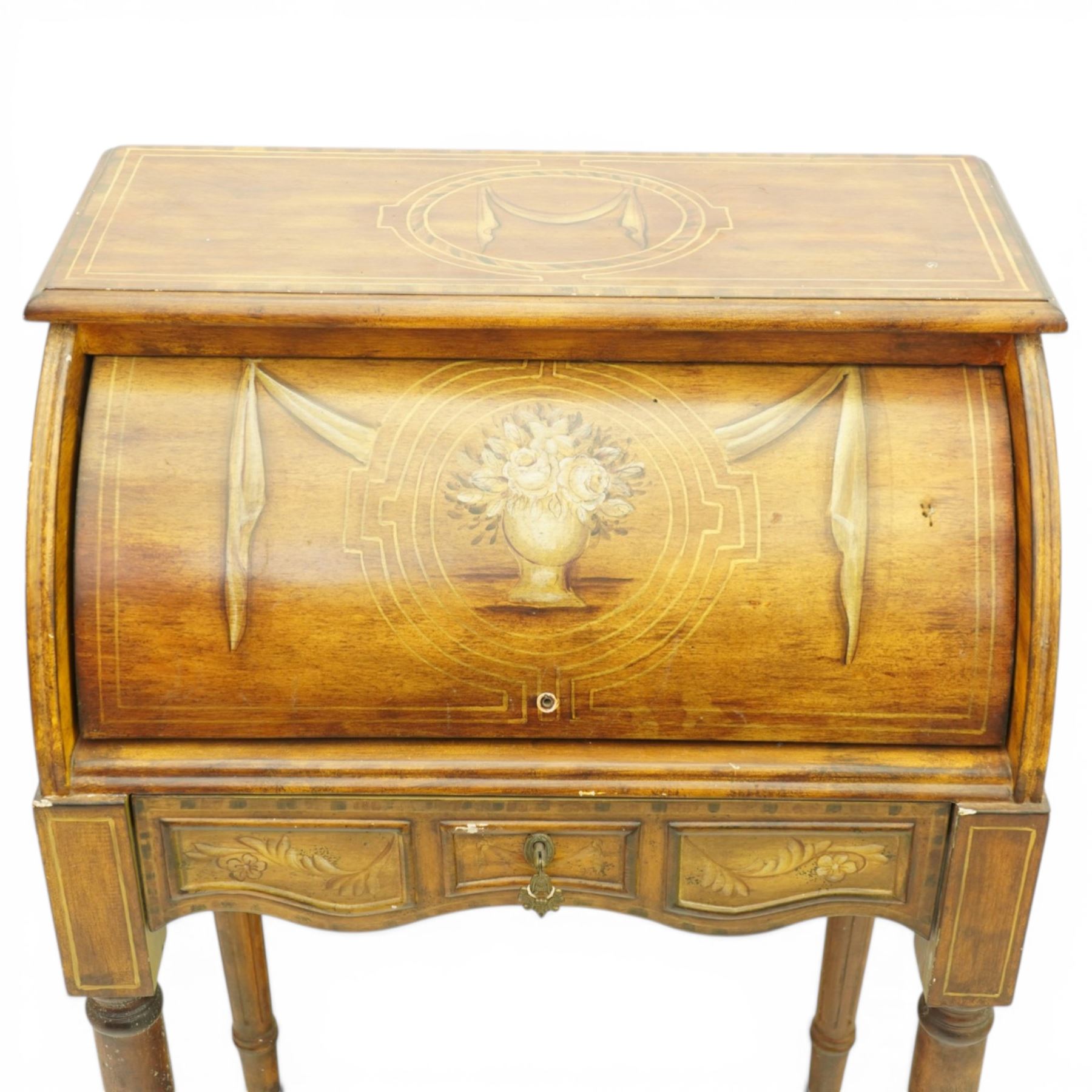 20th century mahogany cylinder desk in the Sheraton manner, the inlaid fall enclosing a fitted interior above a shaped drawer, raised on slender tapering legs