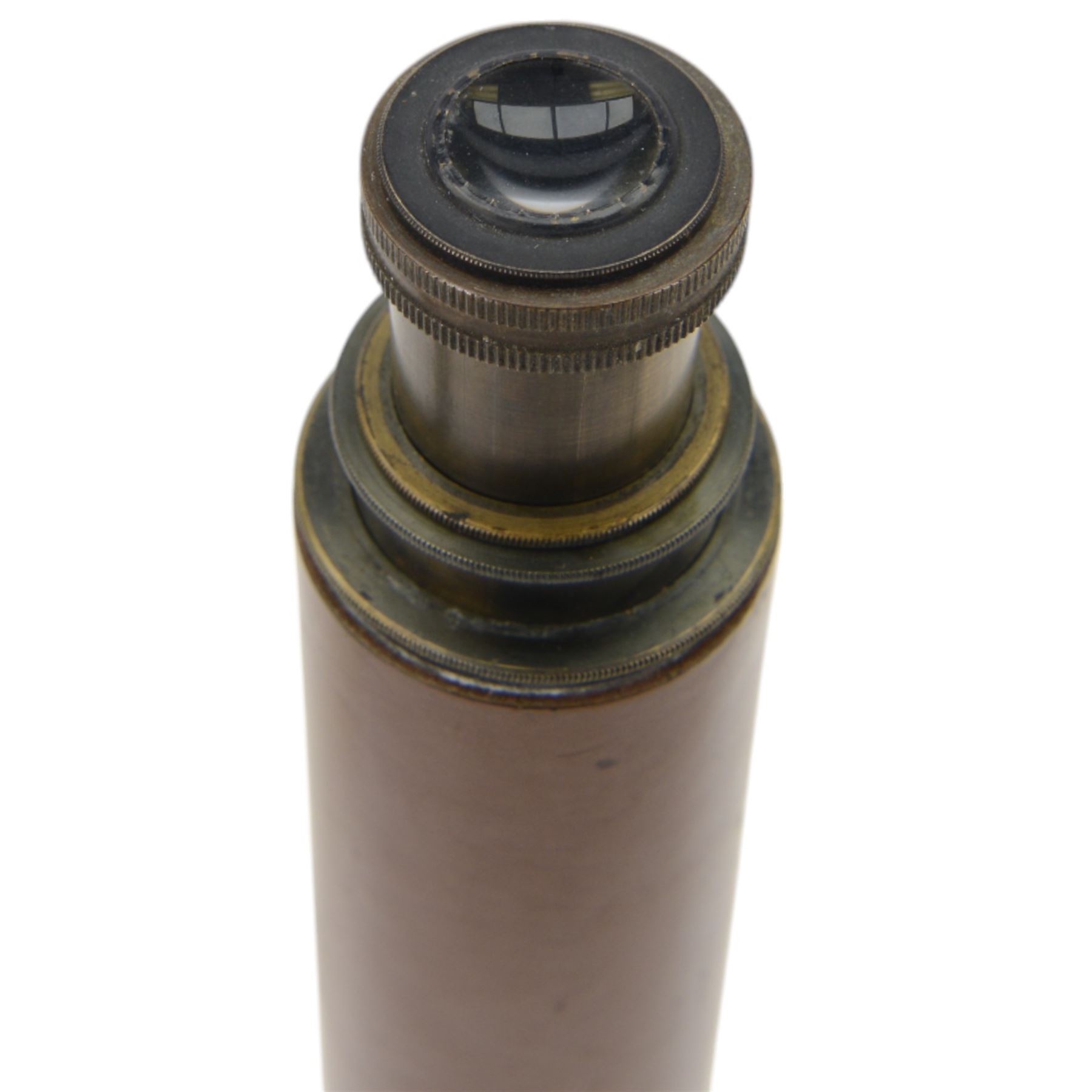 British WWII brass and leather telescope, marked tele. sct. regts mkII, with broad arrow,  mark, together with a brass three draw telescope 