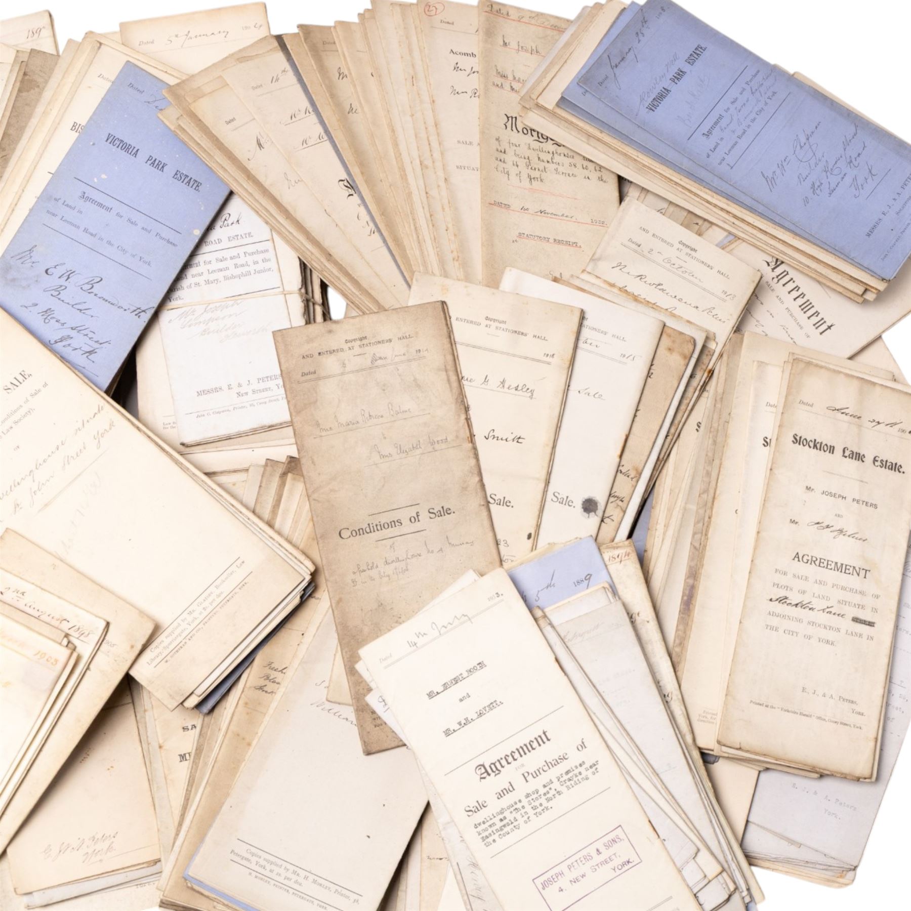 York and Yorkshire legal ephemera - large box of late 19th/early 20th century conveyancing documents, agreements, mortgages, conditions of sale and solicitor’s papers relating to York and surrounding area properties, including Acomb New Estate, Bishopthorpe, Huntington Road, Victoria Avenue, Swinerton Avenue and other addresses, many with York solicitor/printer details