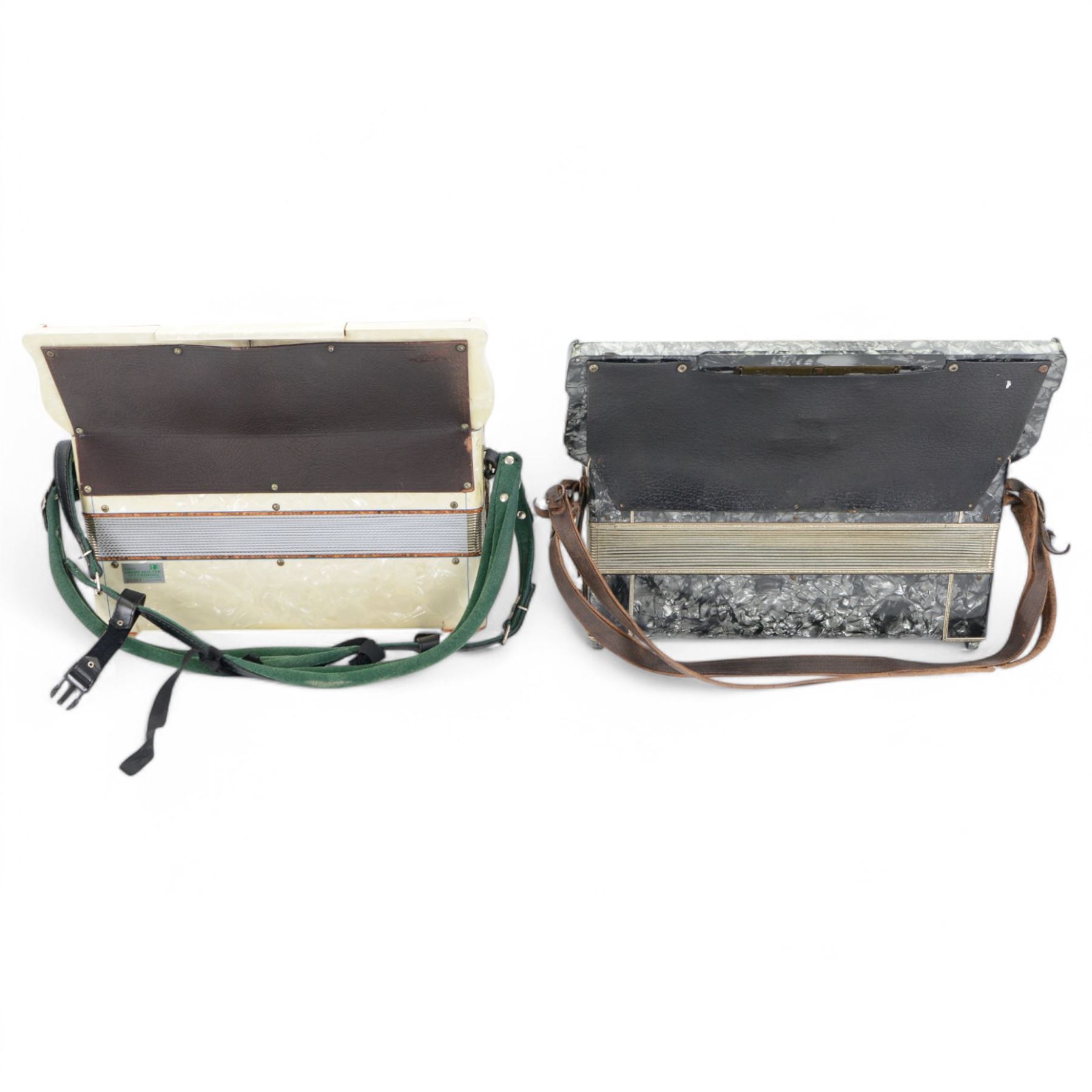 Two mid 20th century Italian accordions- manufactured by Frontalini and Cooperatiua both with a three octave keyboard compass and 120 bass buttons, with fretted sound grills and shoulder straps. 