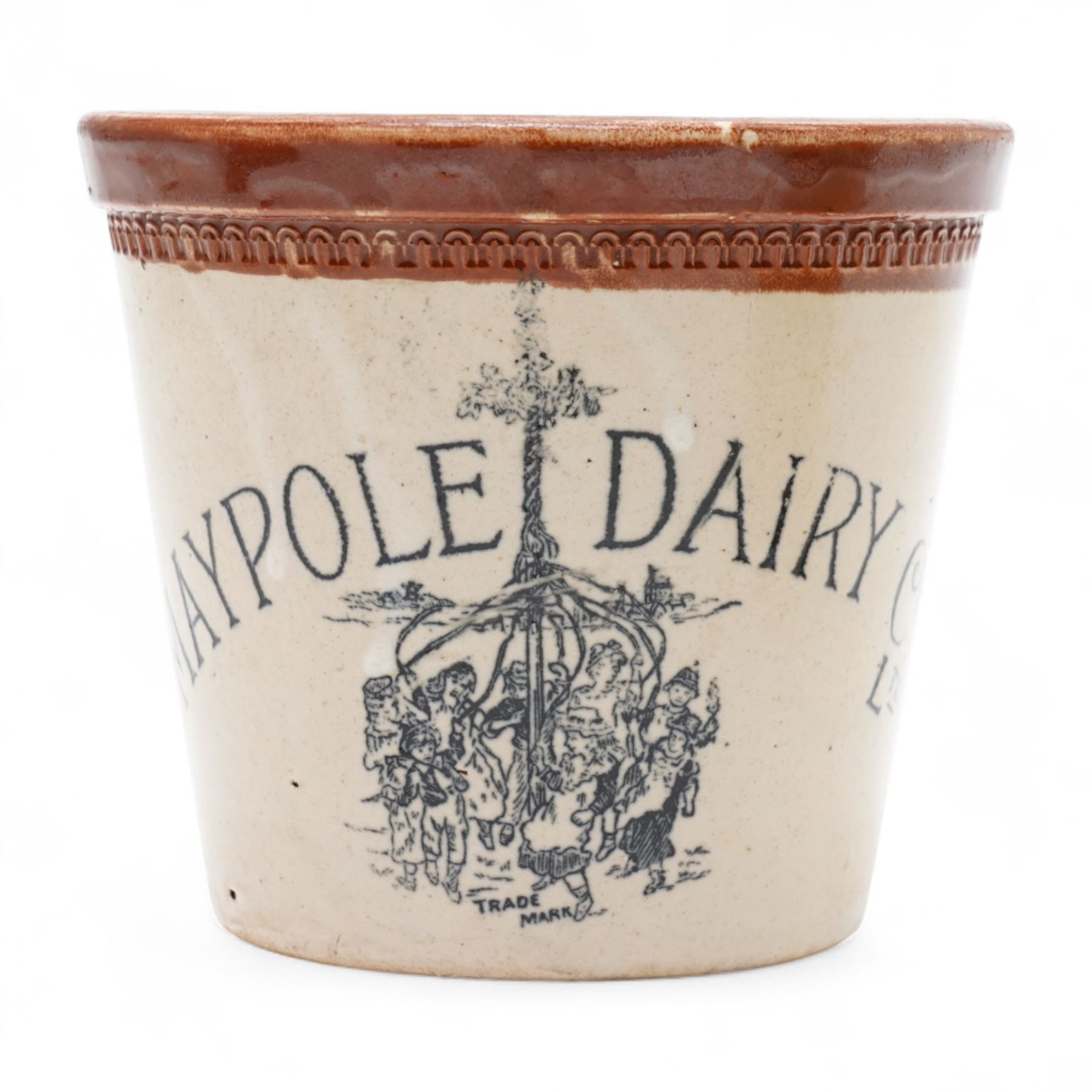 Port Dundas, Glasgow stoneware butter crock inscribed 'Danish Dairy Co.' with loop handle and dipped brown top and another 'Maypole Dairy Co. Ltd.' each H12.5cm (2)