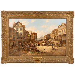 John Holland Snr. (British c1830-1886): 'Watergate - Chester', oil on canvas signed, titled on plaque 43cm x 67cm 
Notes: Likely painted c1870-1872, indicated by a sandwich-board man advertising a 'Panorama of the war between France and Prussia' - a popular form of traveling entertainment in Victorian Britain.