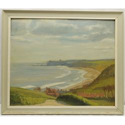J Burton (British 20th century): Whitby from Lythe Bank, oil on board signed 49cm x 59cm; William Shone (British 20th century): 'Autumn Morning Cray Wharfedale', oil on board signed, titled verso on artist's studio label 49cm x 59cm (2)