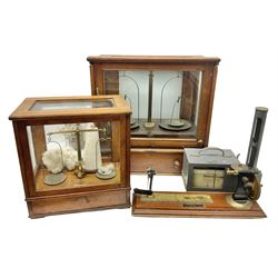 Collection of textile equipment, comprising, Goodbrand & Co. mahogany and brass yarn tester, Negretti & Zambra barograph and two sets of precision scales
