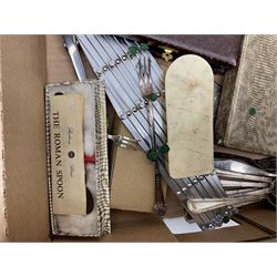 Set of four hallmarked silver teaspoons modelled on spoons from the Roman Imperial period, silver fork, and quantity of silver plated and other cutlery to include Walker & Hall, in two boxes