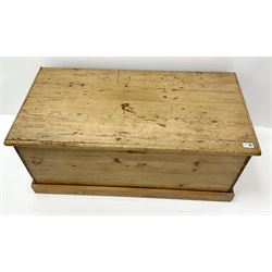 Victorian stripped pine blanket box, single hinged lid, plinth base 