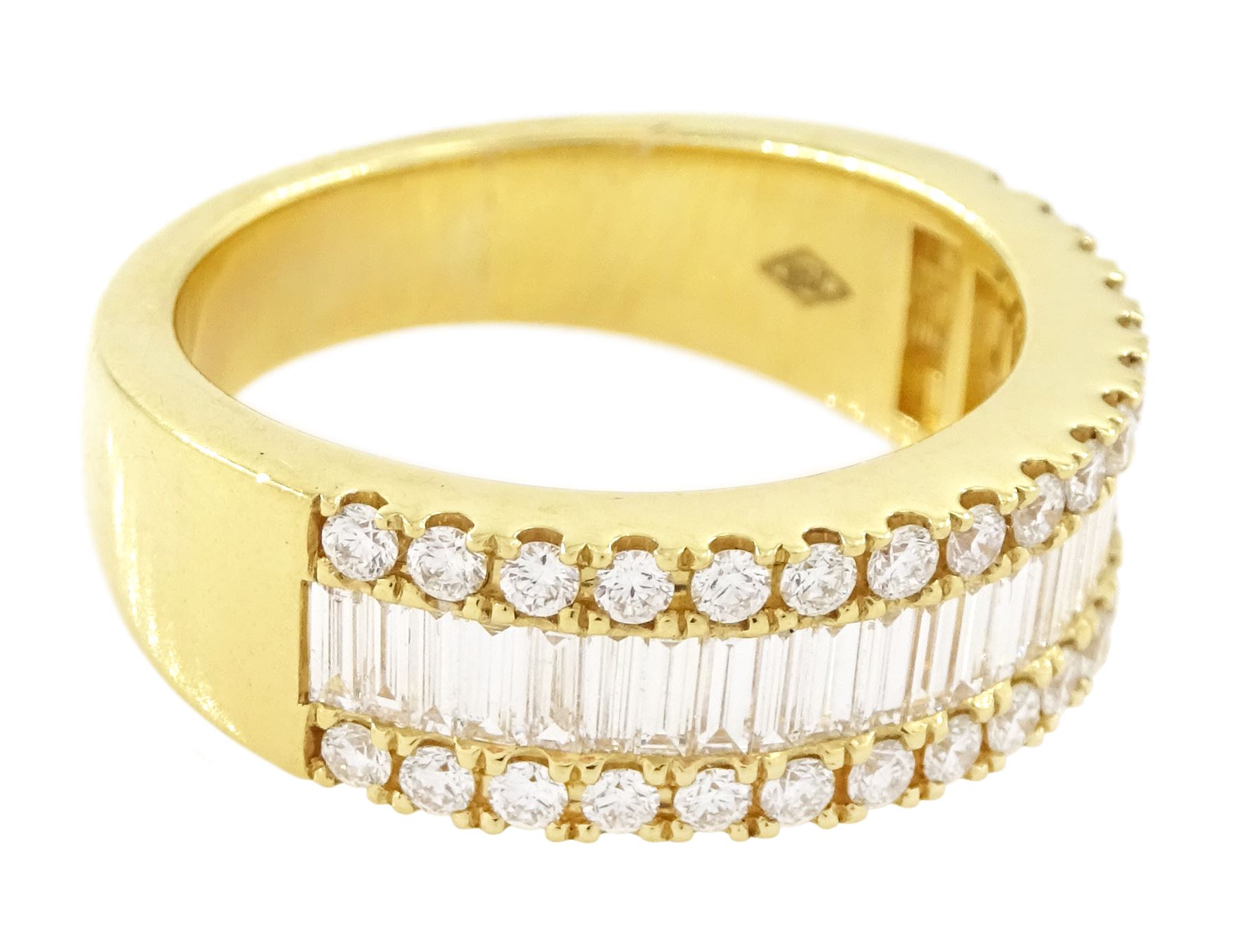 18ct gold diamond three row half eternity ring, single row of baguette cut diamonds, with round brilliant cut diamonds set either side, stamped 750, total diamond weight approx 3.00 carat