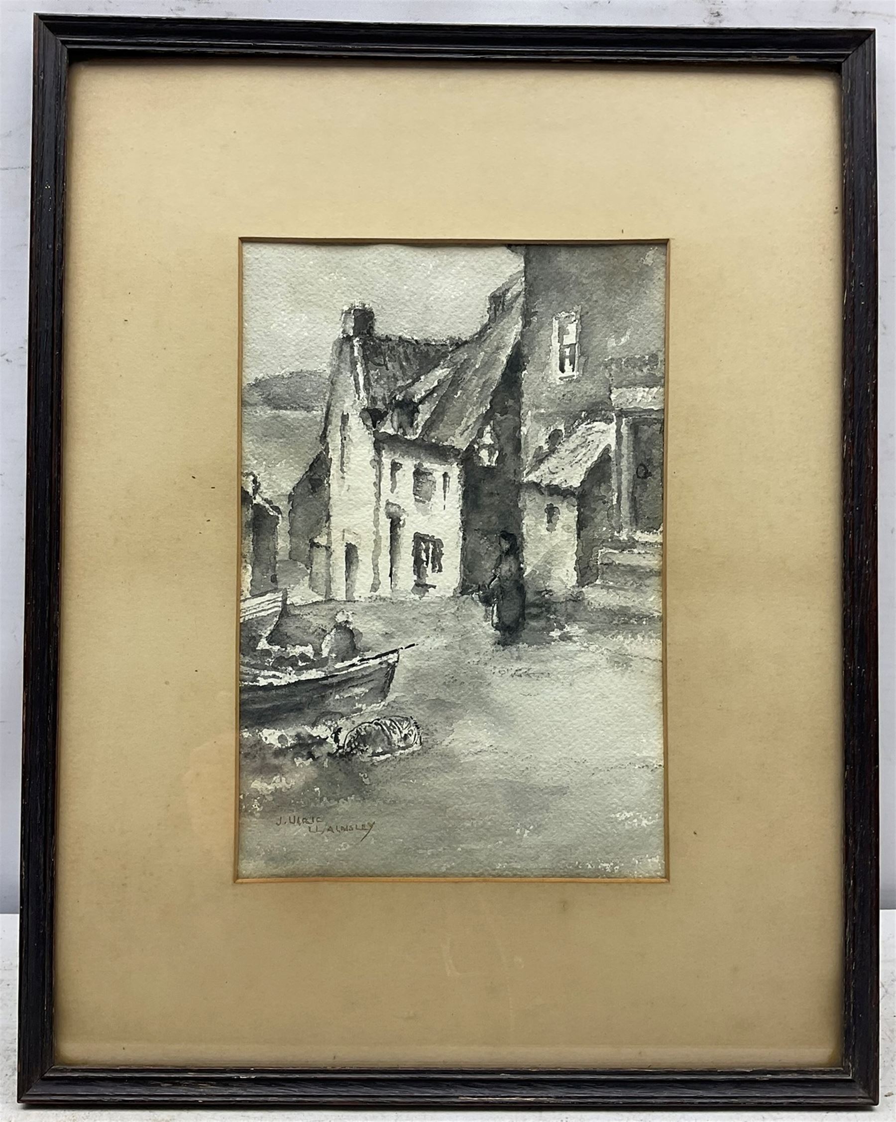 James Ulric Walmsley (British 1860-1954): 'South View Robin Hood's Bay', probably King Street, watercolour en grisailles signed, titled on original label verso with artist's address 'The Studio, Robin Hood's Bay' 26cm x 17.5cm