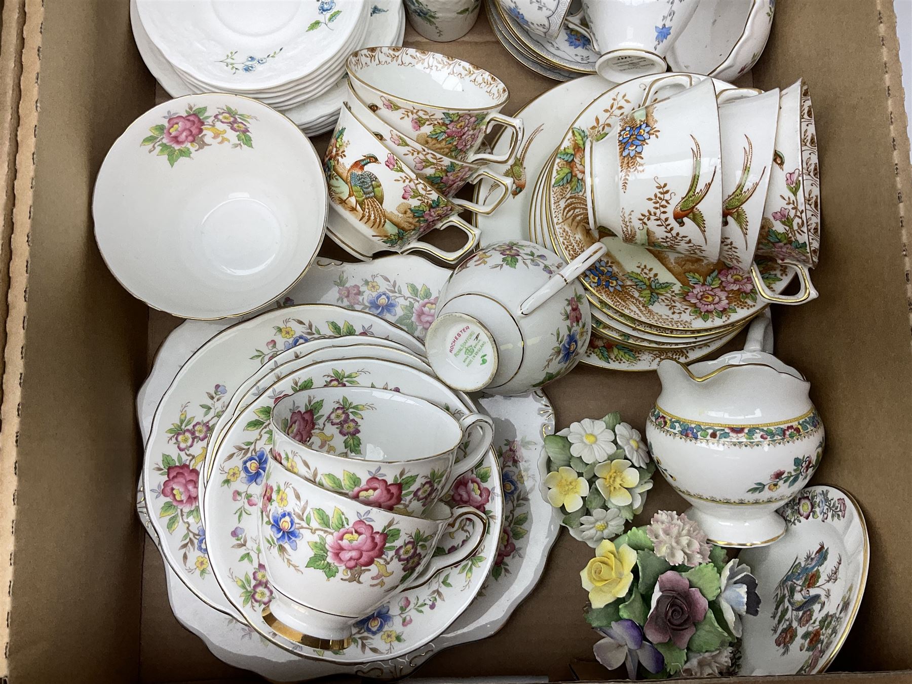 Coalport 'Tintern' pattern coffee service for six, Royal Stafford 'Rochester' teawares, Sutherland China 'Exotic' teawares, Royal Doulton 'Pastorale' cake plate, teacups and saucers etc