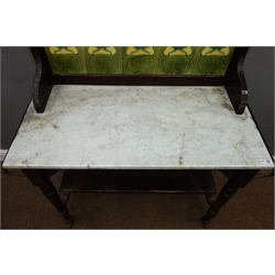  Edwardian marble top washstand with Art Nouveau tiled back above white marble top, turned supports with undertier, W104cm (max), H129cm, D46cm  