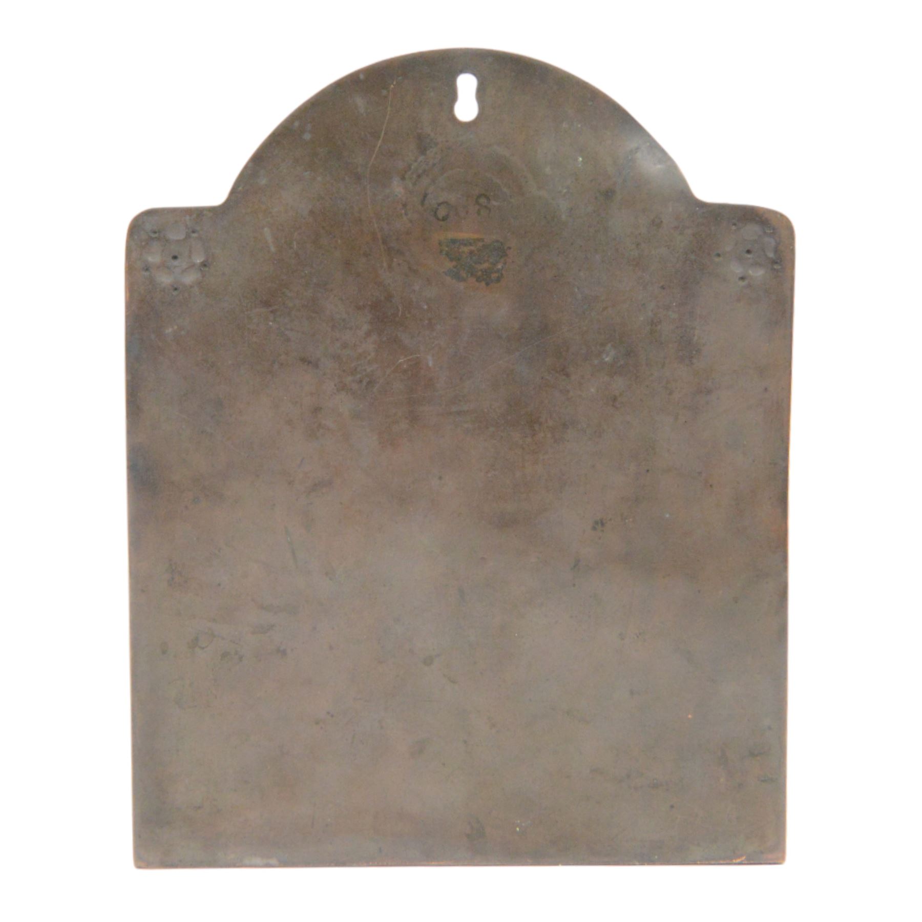 Arts and Crafts bronze letter rack, with three divisions, abalone cartouche to the front, the arch pediment with central figure flanked by abalone and impressed floral decoration, H19cm  