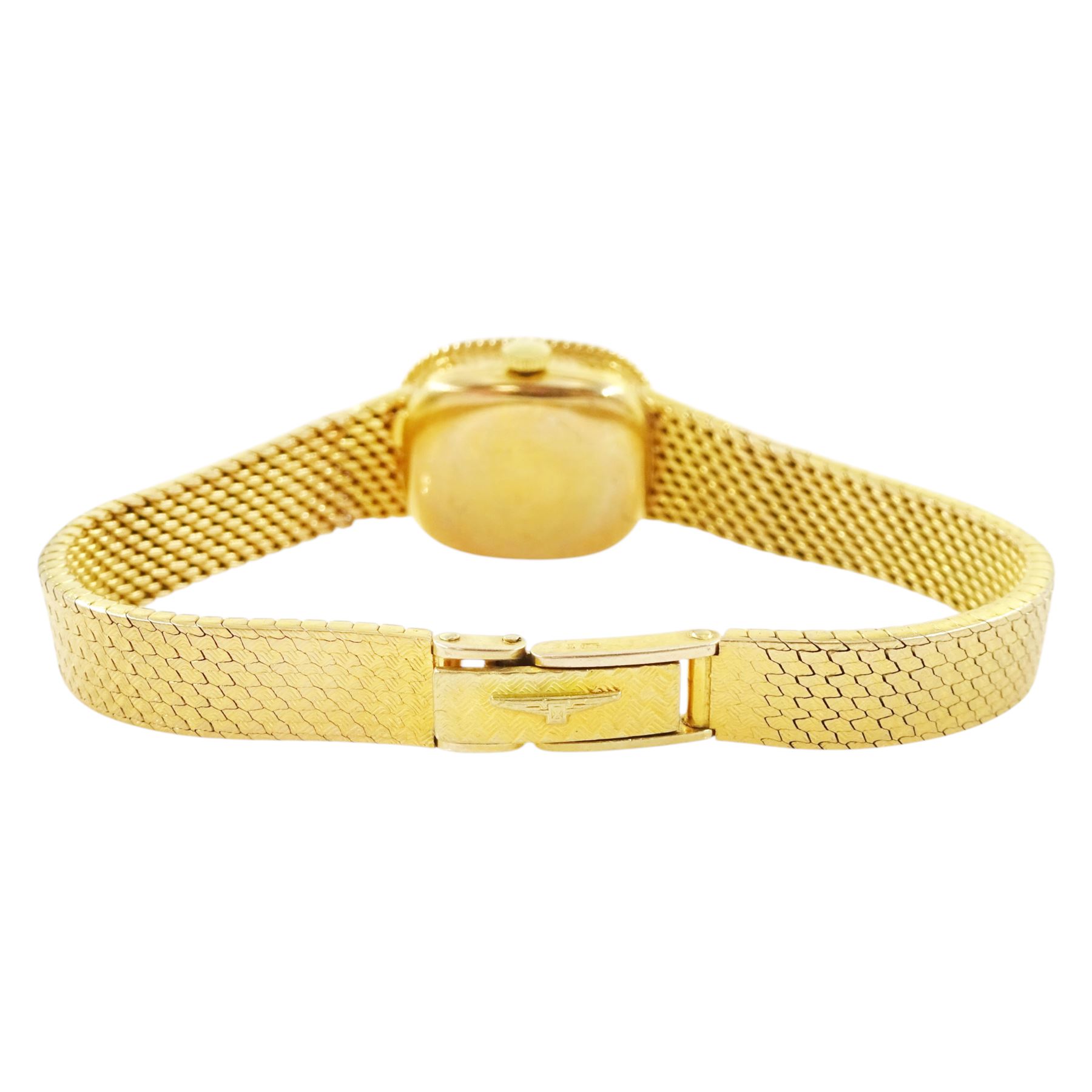 Longines ladies 9ct gold manual wind wristwatch, champagne gilt dial with Roman numeral hour markers, on integral 9ct gold bracelet, London import mark 1979