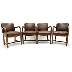 Set four mid century oak framed boardroom chairs, upholstered back and seat, shaped arms, square tapering supports joined by stretchers 