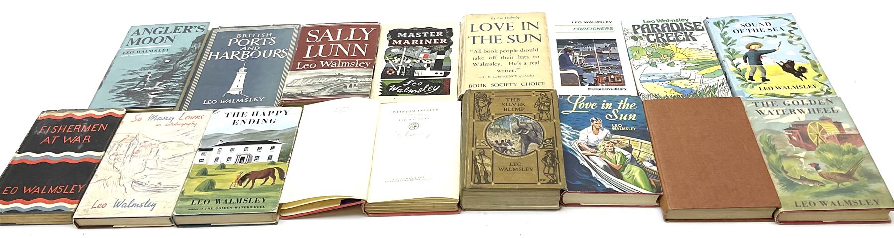 Leo Walmsley: a collection of Novels mostly 1st ed. including Phantom Lobster, signed by the author, Love in the Sun, The Happy Ending, Angler's Moon, Sally Lunn, The Silver Blimp, Love in the Sun, Paradise Creek, Fishermen at War, Golden Waterwheel, Sound of the Sea, etc (16)