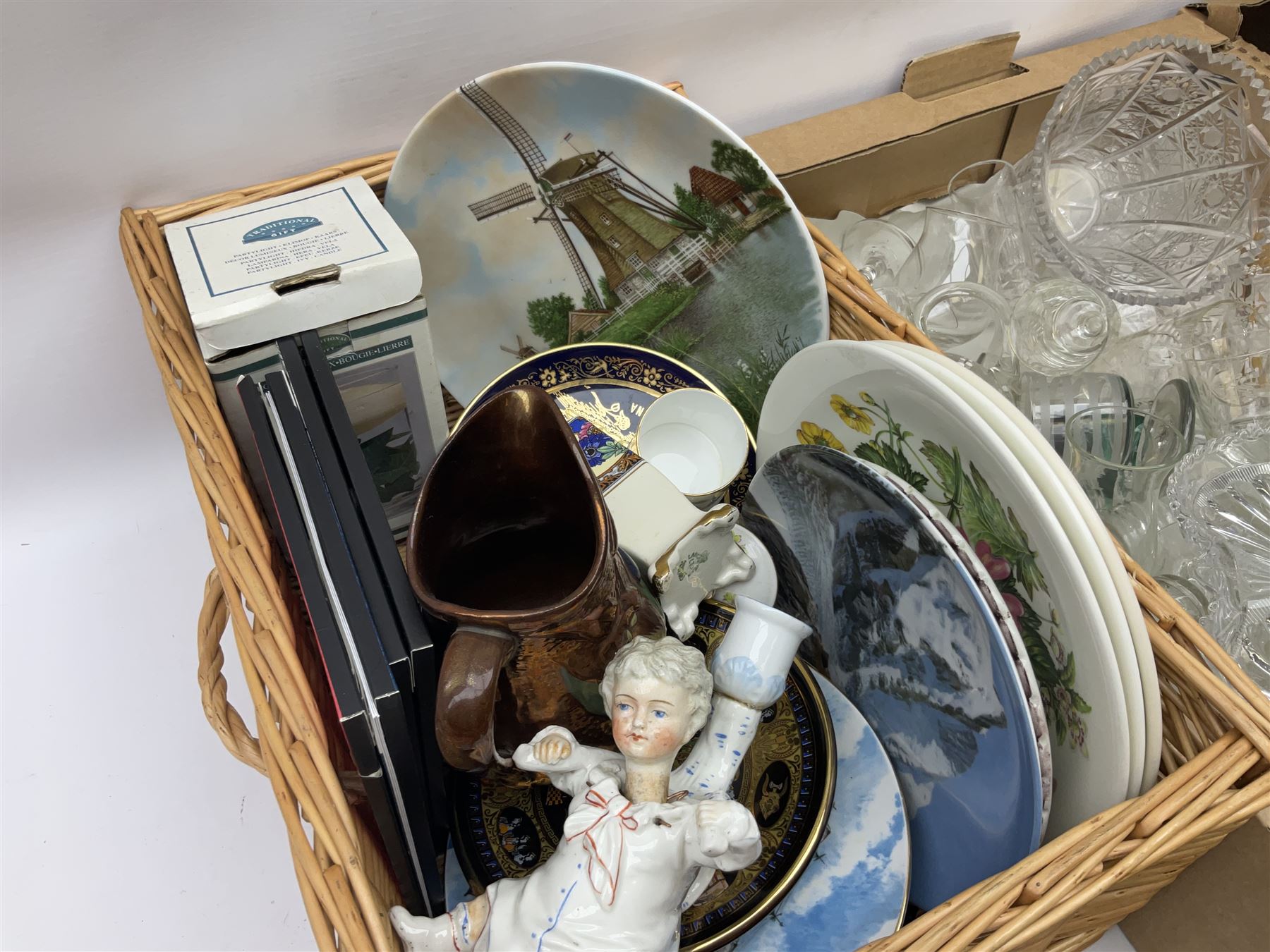 Set of four contemporary Mosa Holland tiles, three further tiles, Grayshott pottery clock, motto ware teacup and saucer, jug and mug, Royal Albert Old Country Roses, Chinese mud men figures, Spode etc and Quantity of ceramics and glassware to include art glass vase, Royal Grafton, Royal Doulton and Colclough dinner wares, Poole, copper lustre, vases etc in six boxes