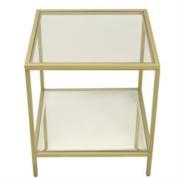 Modern pair of brass finish and glass bedside stands, each of square form with clear glass top, glazed sides and mirrored under tier, enclosed by a square section brass finish metal frame, raised on short square supports