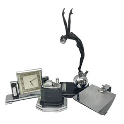 Art Deco Touch Tip Table Lighter by Ronson, together with an Art Deco lighter modeled as a woman, Smiths desk clock and ashtray, tallest H27.5cm