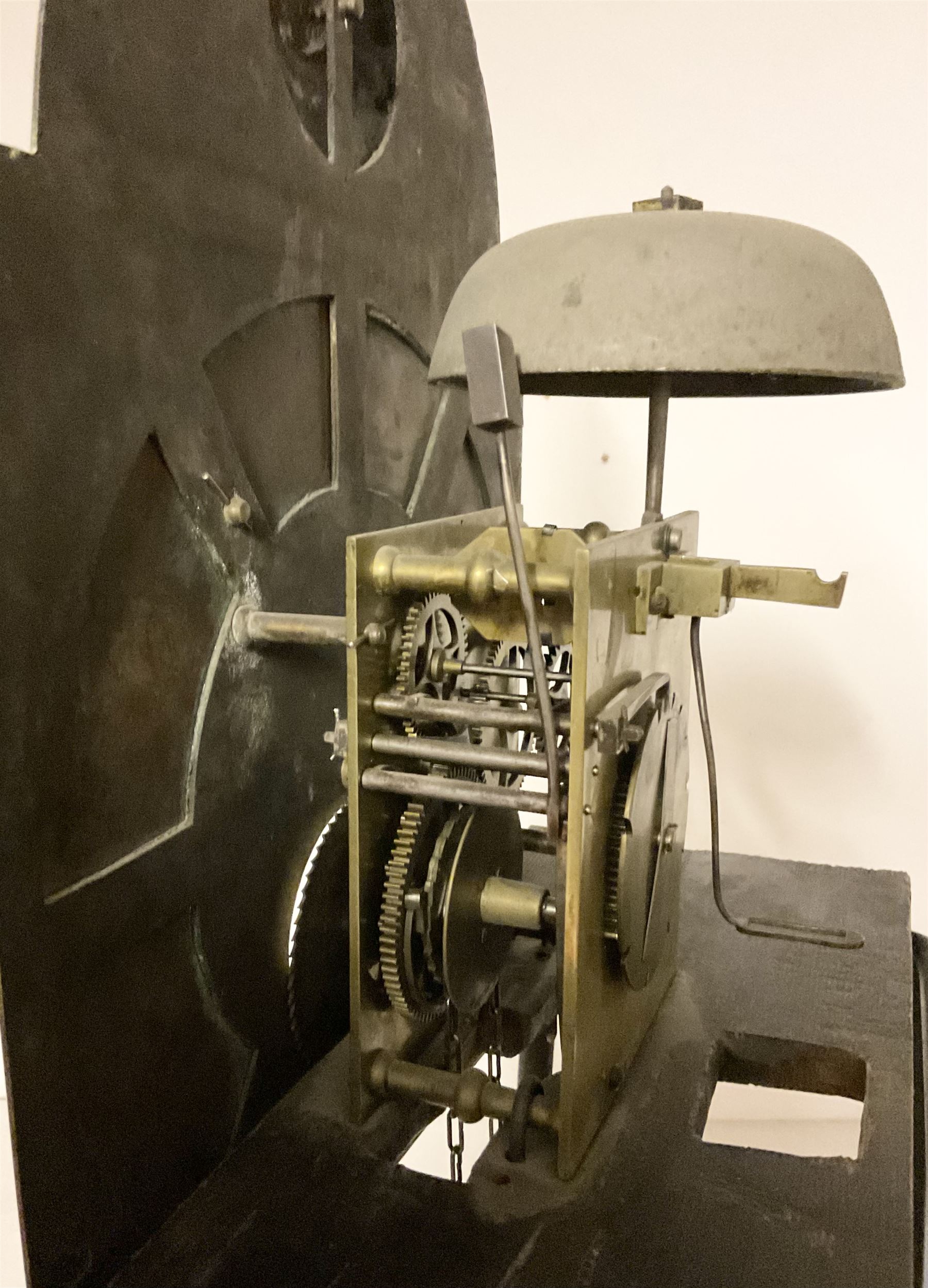 Timothy Richardson of Darlington-late 18th century 30hr longcase clock movement and dial c 1780, break arch brass dial with engraved spandrels, engraved dial centre and date aperture, silvered boss to the arch with makers name and place of work, with a silvered chapter, Roman numerals, five minute Arabic's, minute track and original steel hands, dial pinned directly to a chain driven movement with a recoil anchor escapement and outside countwheel strike, sounding the hours on a cast bell. With weight and pendulum. Dial 12