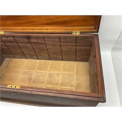 19th century teak chest, with sunken brass handle, the hinged lid with brass plaque engraved 'H.H. Earle 1899', H34cm, L83cm, notes: reputedly the chest of H.H.Earle, daughter of George F Earle of the Earle shipbuilding family of Hull 