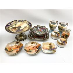 Collection of Noritake, including a pair of Japanese Noritake decorative vases with twin handles H13cm, Serving plate on stand with desert scene H13cm, three trinket plates, etc, along with Chinese famille rose bowl and plate.  