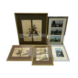 Japanese Mountain Views, ten small souvenir / postcard paintings framed as five