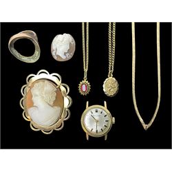 9ct gold jewellery, including ring shank, red stone set pendant necklace, wishbone necklace, St Christopher pendant necklace, cameo brooch and a gold cased wristwatch