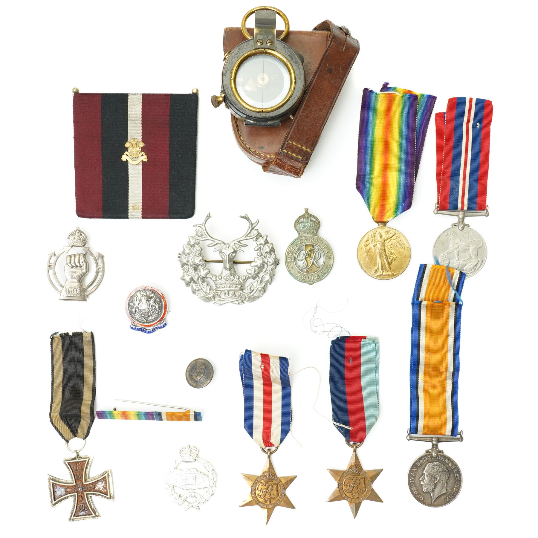WWI pair to 242062 Pte. O C R Harris East Surrey Regt., WWI German Iron Cross, WWI marching compass in leather case, silver Training Reserve badge etc