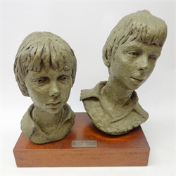 Liz Mulchinock (1958) head and shoulder macquette of two children titled Susan and David, on mahogany plinth dated 1977, H45cm x L45cm   