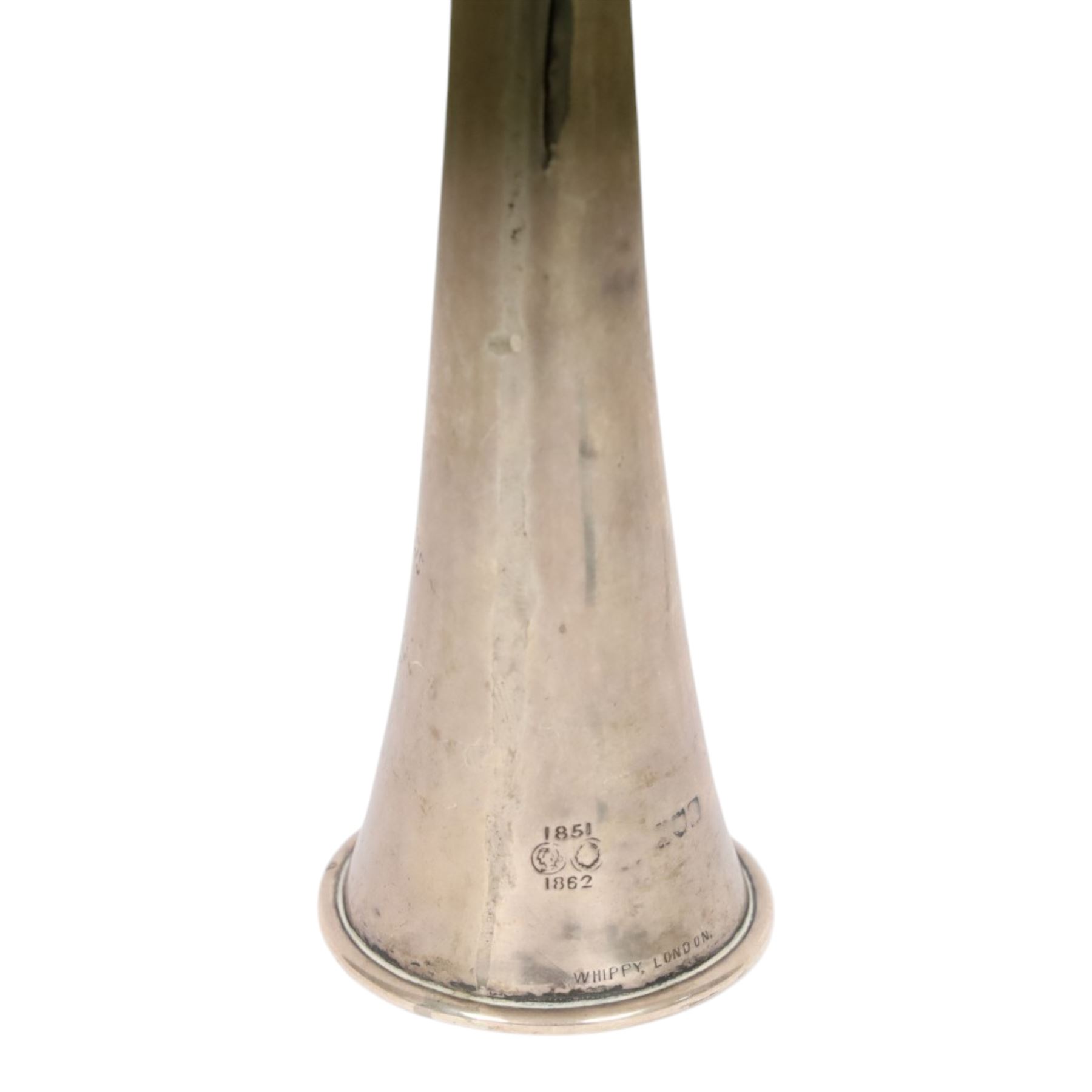 Early 20th century silver hunting horn, of typical form engraved 'South Oxfordshire Hounds W.H.B. from W. and C.F. Season 1905-6 43 Brace', marked Whippy London , hallmarked (worn and indistinct), L24cm