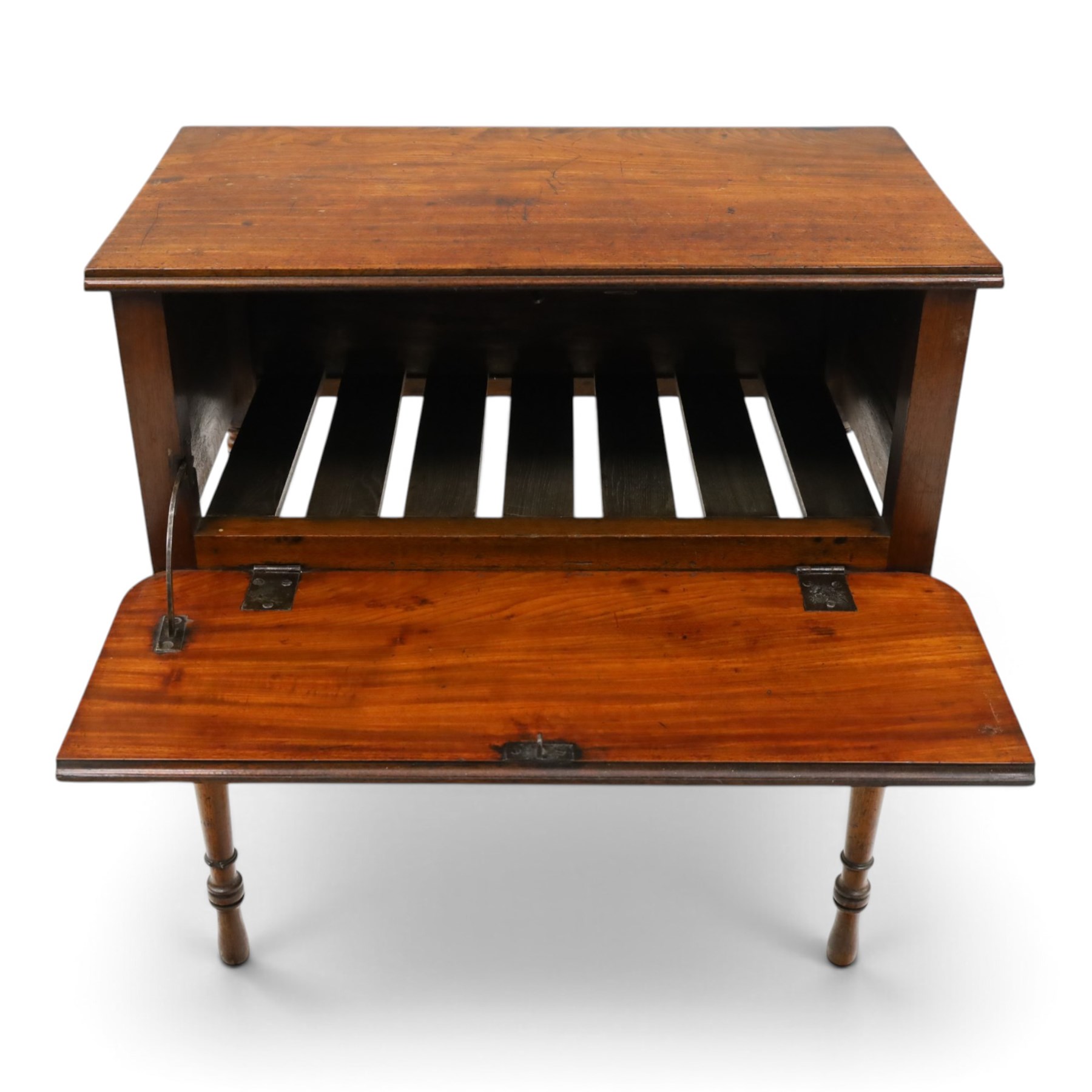 Early 19th century mahogany deception table with drop-front, rectangular top over drop-front with button action to the side, enclosing slatted-base compartment, raised on turned supports