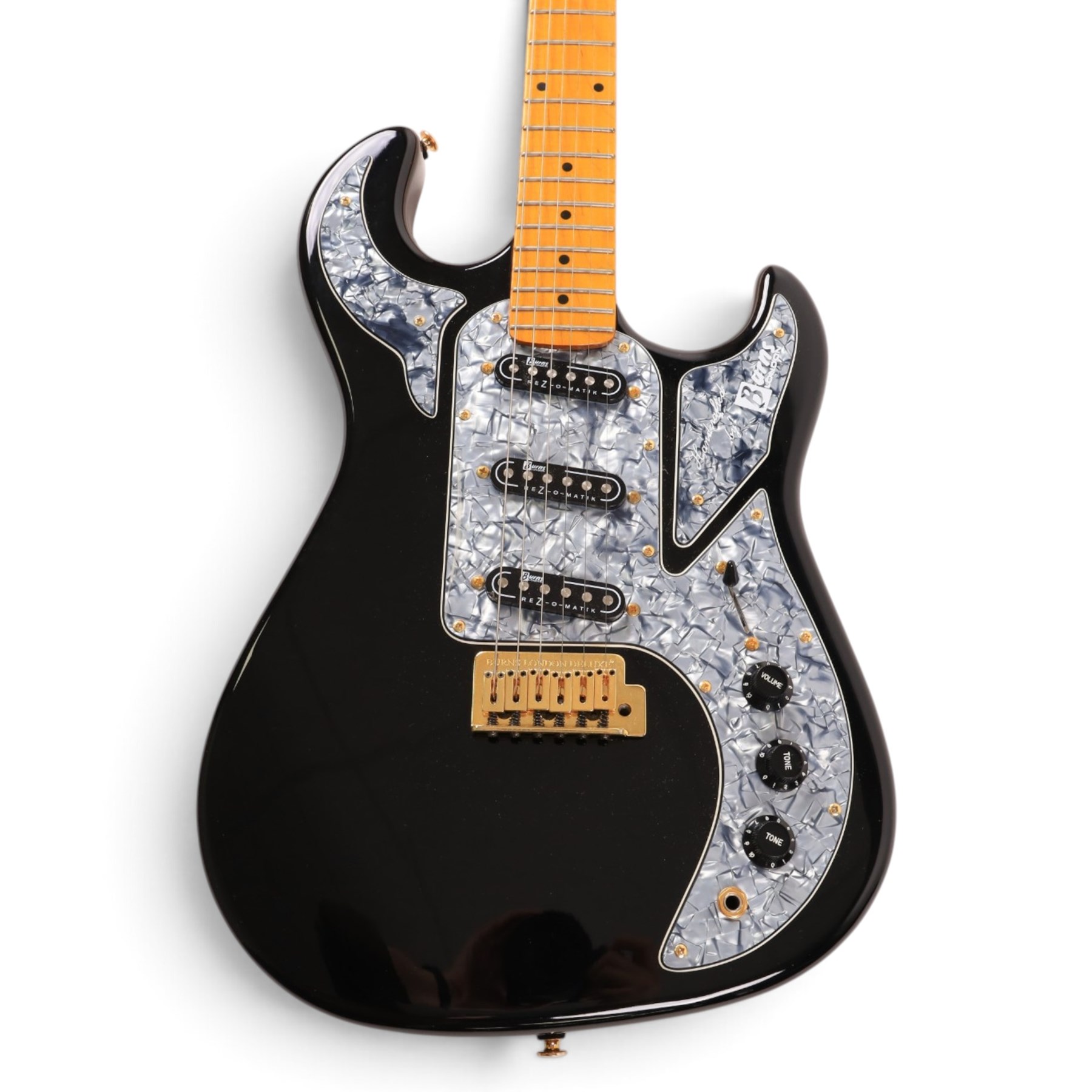 Burns Club Series Marquee electric guitar, serial no. 2070044, circa   early 2000s, black gloss body with marbled metallic blue scratch plate, in a Stagg soft case, guitar L99cm