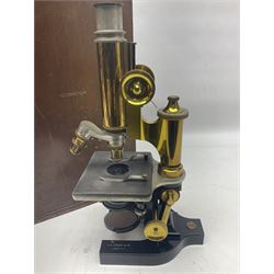 Bausch & Lomb brass microscope with rack and pinion focussing, twin swivel mount for two lenses, base marked A E Staley & Co,.no 43816, in box 