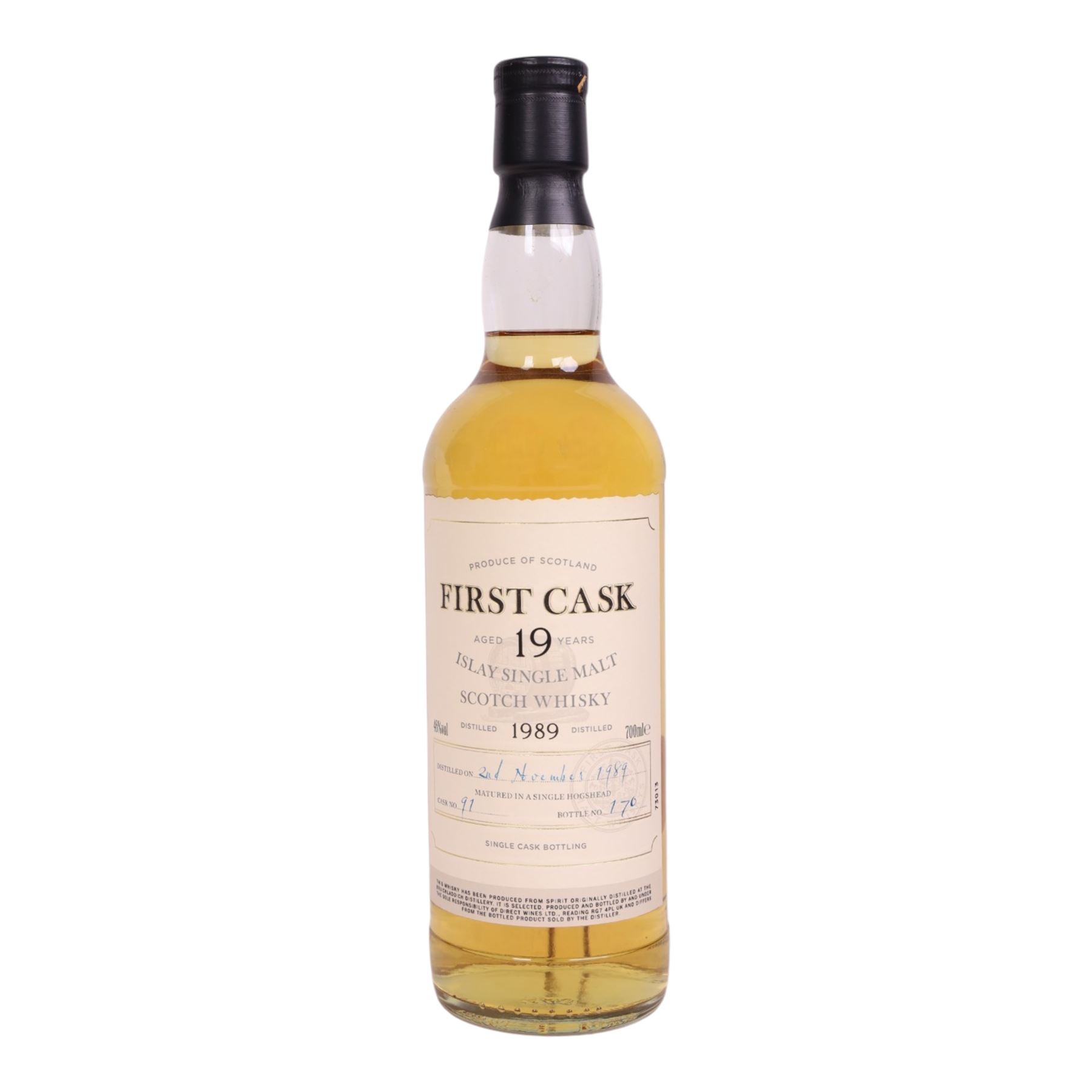 Bruichladdich 19 year old Islay single malt scotch whisky, 700ml 46% vol, First Cask; distilled 2nd November 1989, from cask number 91, bottle number 170, with certificate
