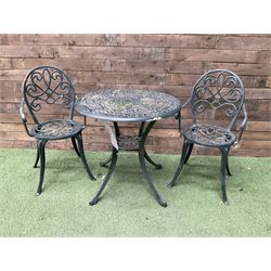 Green painted aluminium circular garden table and two chairs - THIS LOT IS TO BE COLLECTED BY APPOINTMENT FROM DUGGLEBY STORAGE, GREAT HILL, EASTFIELD, SCARBOROUGH, YO11 3TX