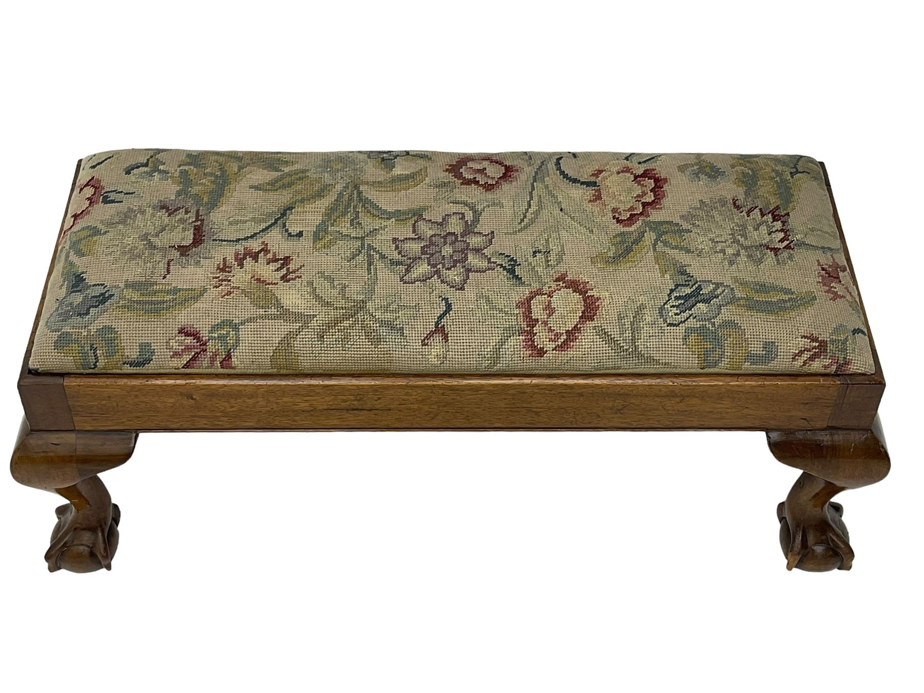 20th century mahogany rectangular footstool, needlework upholstered drop-in seat, on ball and claw carved feet (W81cm, D35cm, H34cm); 19th century elm stool, needlework upholstered drop-in seat, on square moulded supports united by plain stretchers (W45cm); 19th century walnut stool, shaped top upholstered in needlework, on cabriole supports (W50cm); 19th century rosewood stool, upholstered drop-in seat, on curved x-framed supports united by turned stretcher (W47cm)