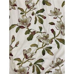Pair linen curtains - pale cream ground fabric decorated with trailing foliate branch with flower heads, W260cm, Fall - 190cm