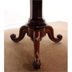  Victorian mahogany tilt top breakfast table, moulded top, column support with finial on three scrolled sabre feet, D121cm, H75cm  