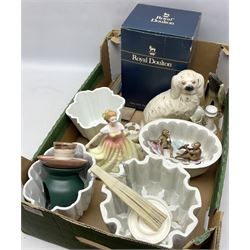 Four jelly moulds to include to Shelley examples, together with a staffordshire style dog, Royal Doulton figure Deborah HN3644 and other collectables 