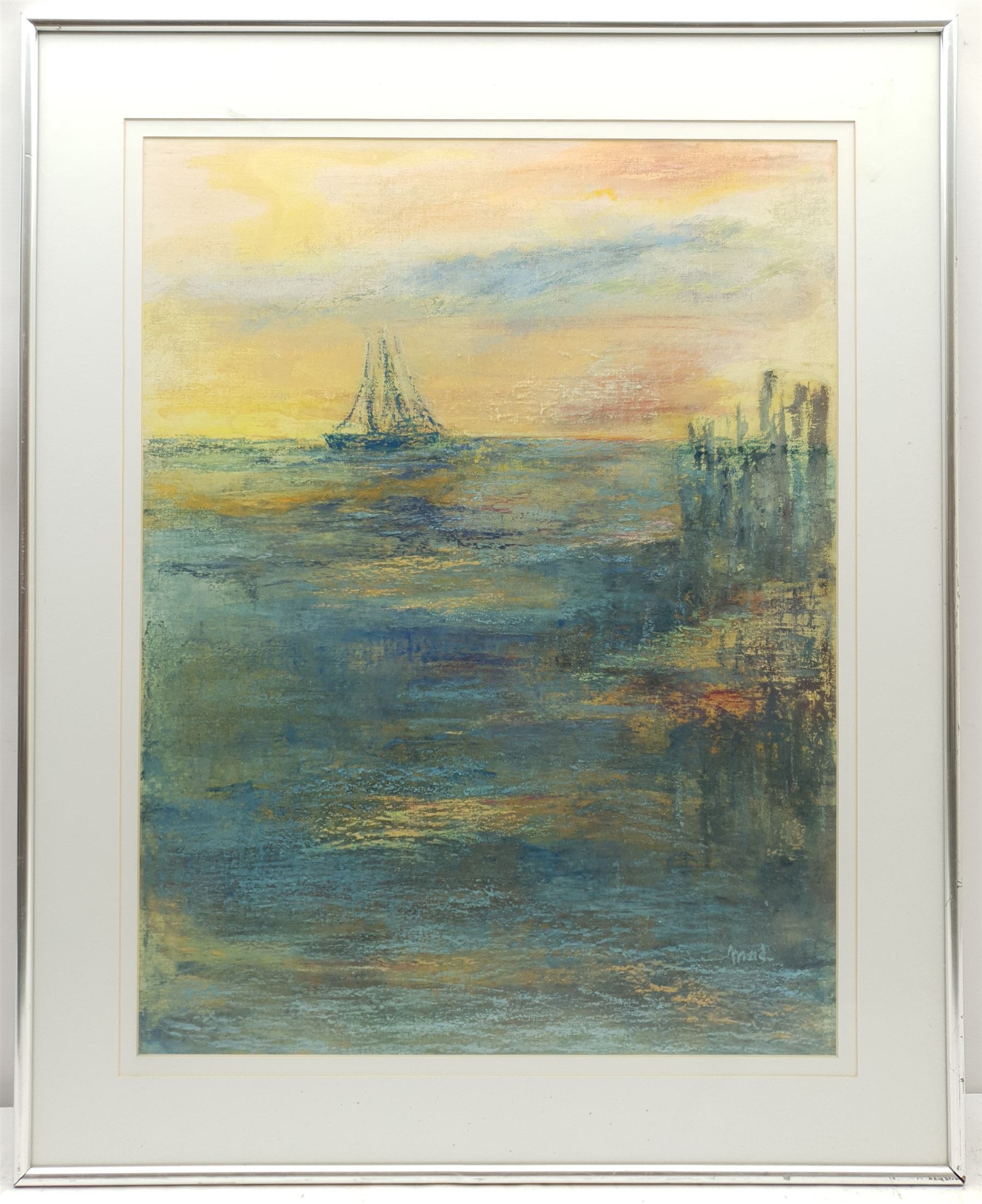 Madeleine Eyland (Belgian/British 1930-2021): 'Sundown', pastel signed, titled verso 63cm x 48cm 
Provenance: artist's studio collection. Marie-Madeleine Eyland (neé Legrain) was born in 1930 at Floriffoux, Belgium; she lived most of her life in Scarborough working as a nurse and an artist.