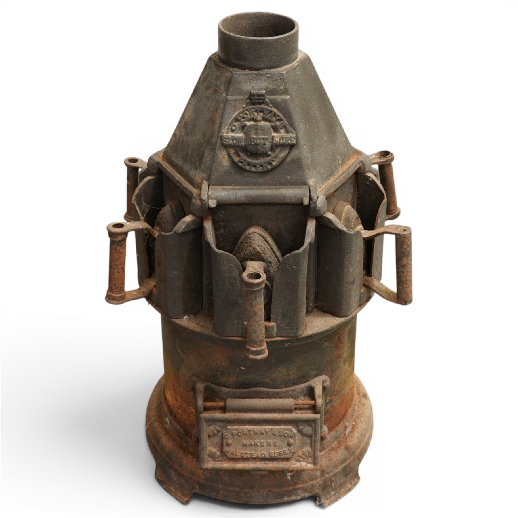 C Portways & Son (Halstead, Essex) - 19th century Slow But Sure Patent cast iron tortoise stove with five iron holders and irons