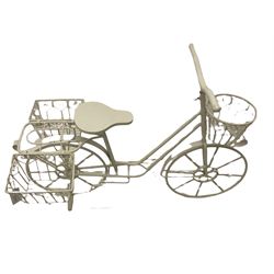 Small wrought metal garden bicycle planter, white painted finish 
