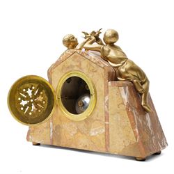 French Art Deco mantel clock, the white dial inscribed Loudeac, with bell strike in marble case surmounted by two gilt metal figures holding doves H26cm x W30cm